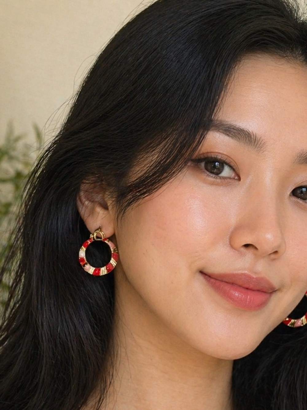 Atelier de Fleur Hoop Earrings with Coral and Red Enamel Accent